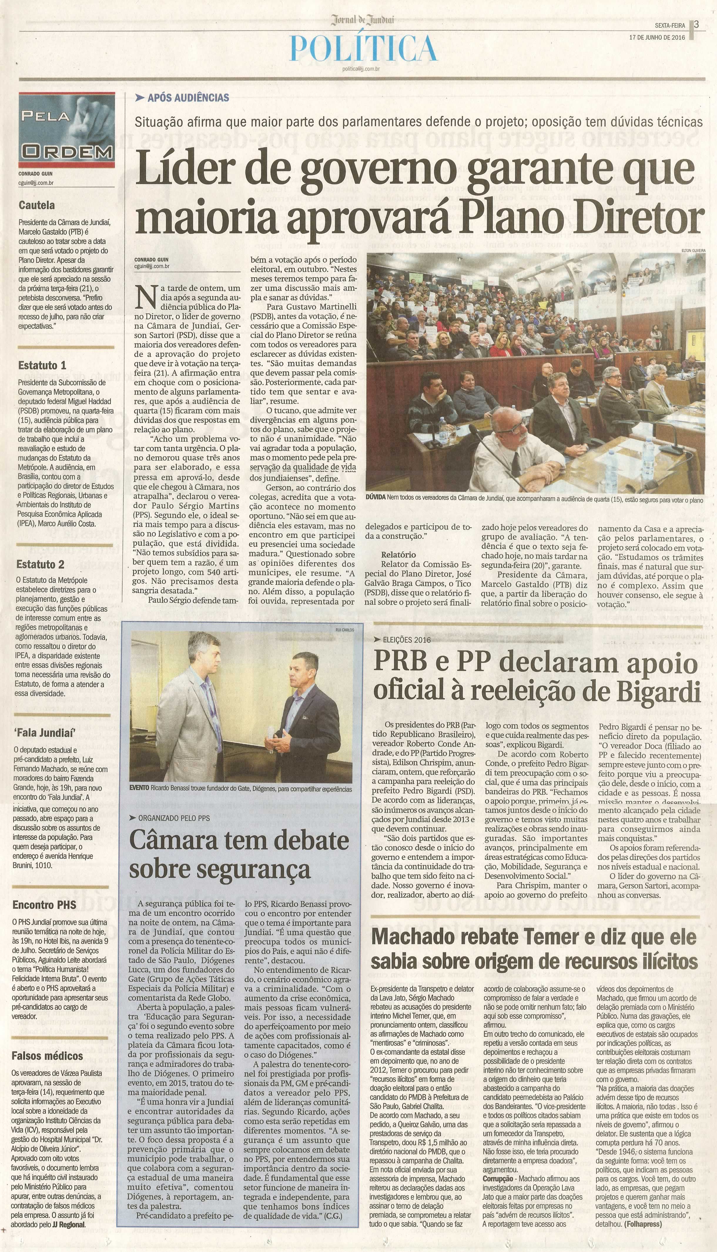 JJ - 17/06/16 - pg 3 - política - Líder de governo garante que maioria aprovará Plano Diretor -