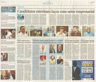 JJ - 18/08/16 - pgs 2 e 3 - política - Candidatos estreitam laços com setor empresarial - OAB sedia hoje a primeira sabatina - Partidos usam apoio jurídico e contábil para acertar prestação de contas -