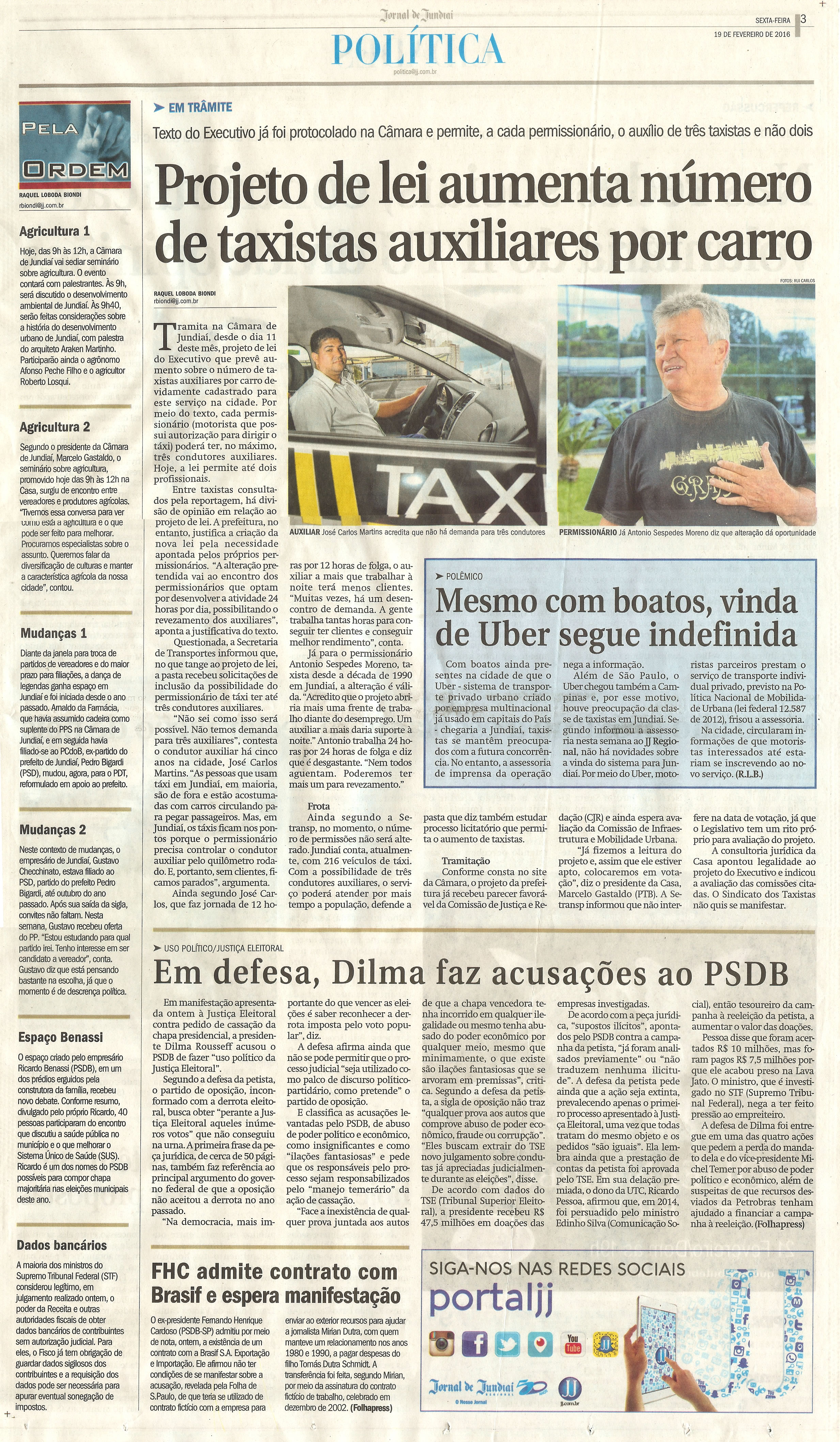  JJ - 19/02/16 - pg 3 - Política - Projeto de lei aumenta número de taxistas auxiliares por carro - Pela Ordem.