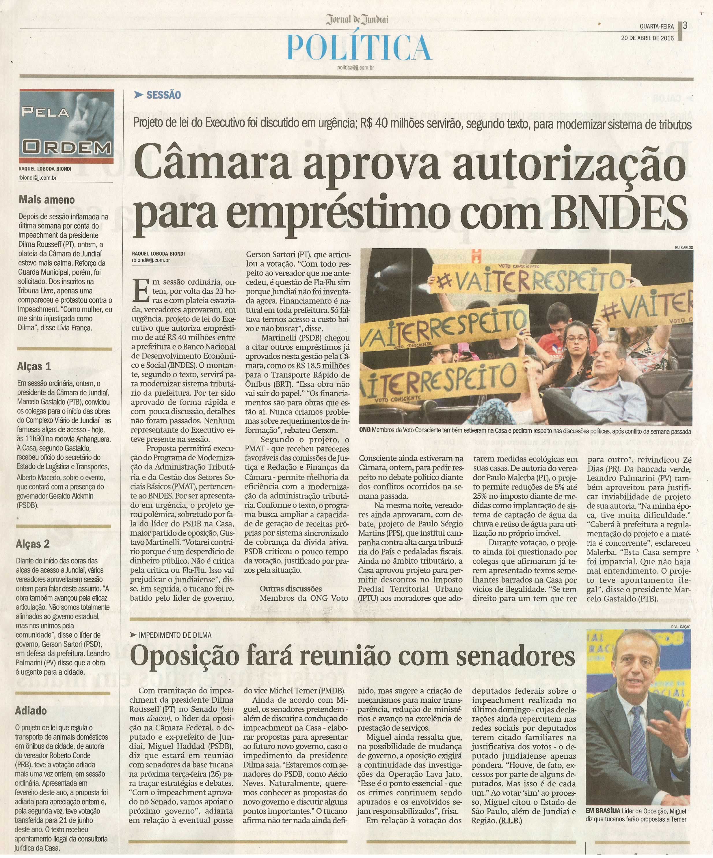 JJ - 20/04/16 - pg 3 - política - Câmara aprova autorização para empréstimo com BNDES - 