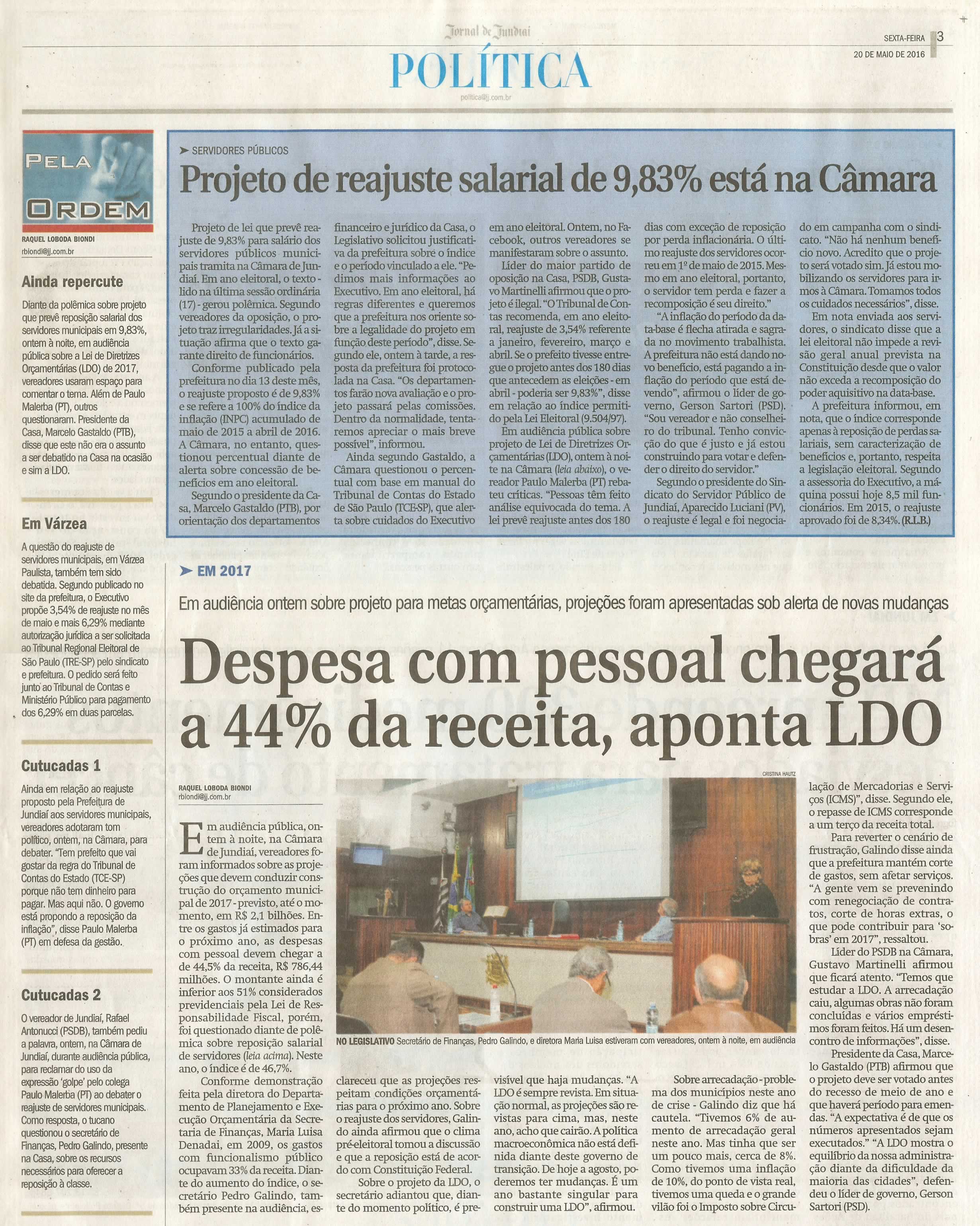 JJ - 20/05/16 - pg 3 - política - Projeto de reajuste salarial de 9,83% está na Câmara - Despesa com pessoal chegará a 44% da receita, aponta LDO - 