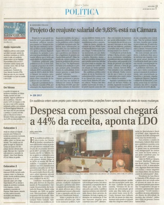 JJ - 20/05/16 - pg 3 - política - Projeto de reajuste salarial de 9,83% está na Câmara - Despesa com pessoal chegará a 44% da receita, aponta LDO - 