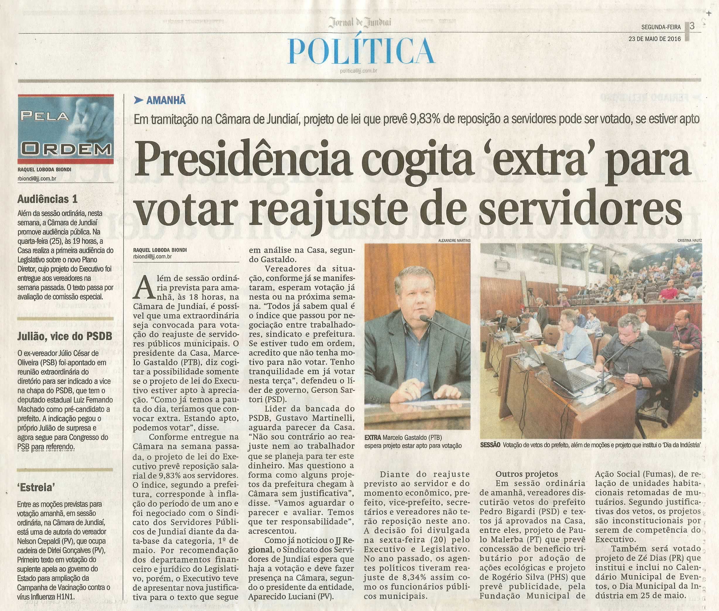 JJ - 23/05/16 - pg 3 - política - Presidência cogita 'extra' para votar reajuste de servidores -