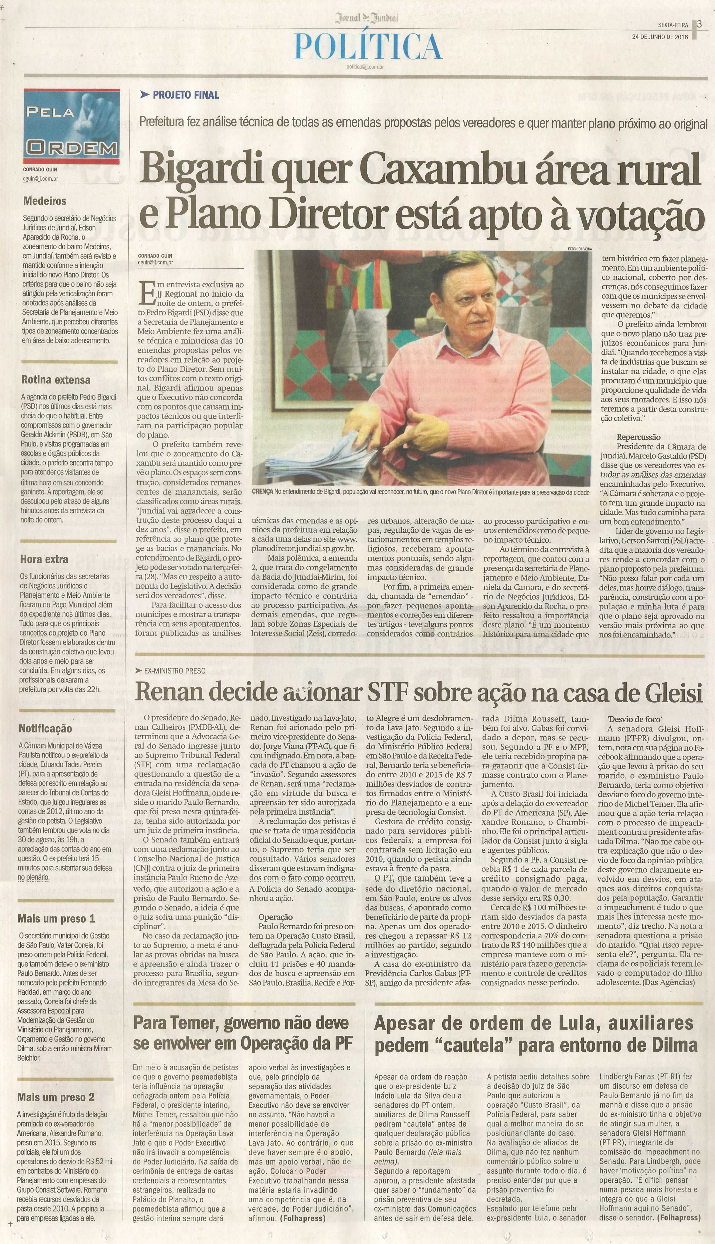 JJ - 24/06/16 - pg 3 - política - Bigardi quer Caxambu área rural e Plano Diretor está apto à votação -