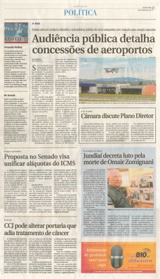 JJ - 25/01/16 - pg 3 - política - Audiência pública detalha concessões de aeroportos - câmara discute plano diretor - Jundiaí decreta luto pela morte de Omair Zomignani -