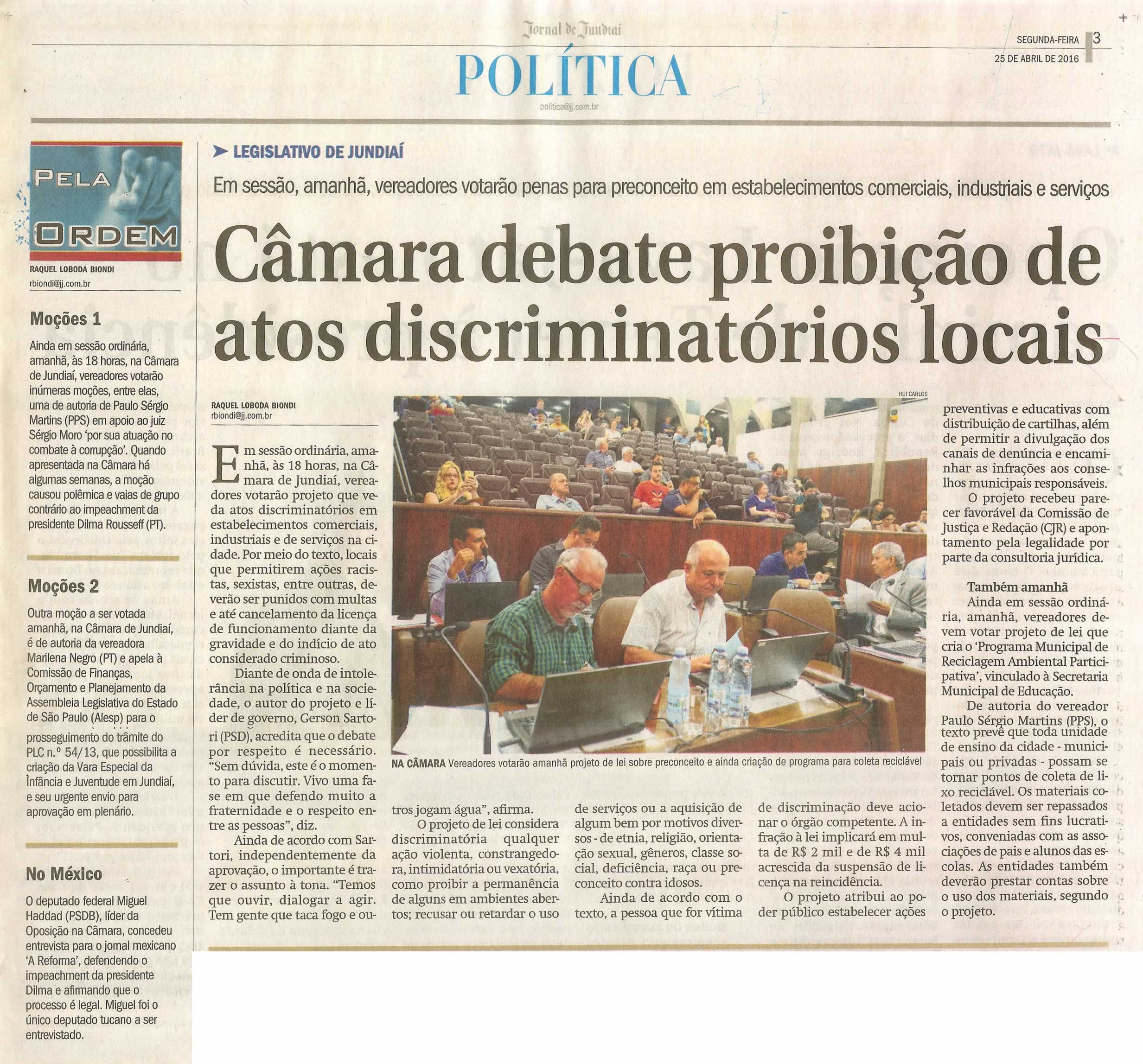 JJ - 25/04/16 - pg 3 - política - Câmara debate proibição de atos discriminatórios locais -