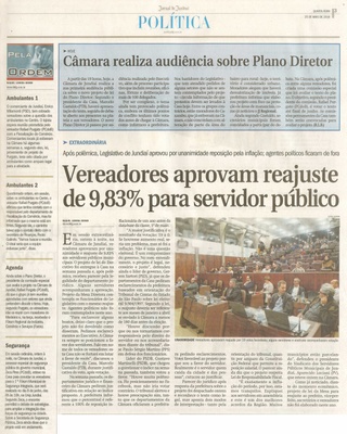 JJ - 25/05/16 - pg 3 - política - Câmara realiza audiência sobre Plano Diretor - Vereadores aprovam reajuste de 9,83% para servidor público - 