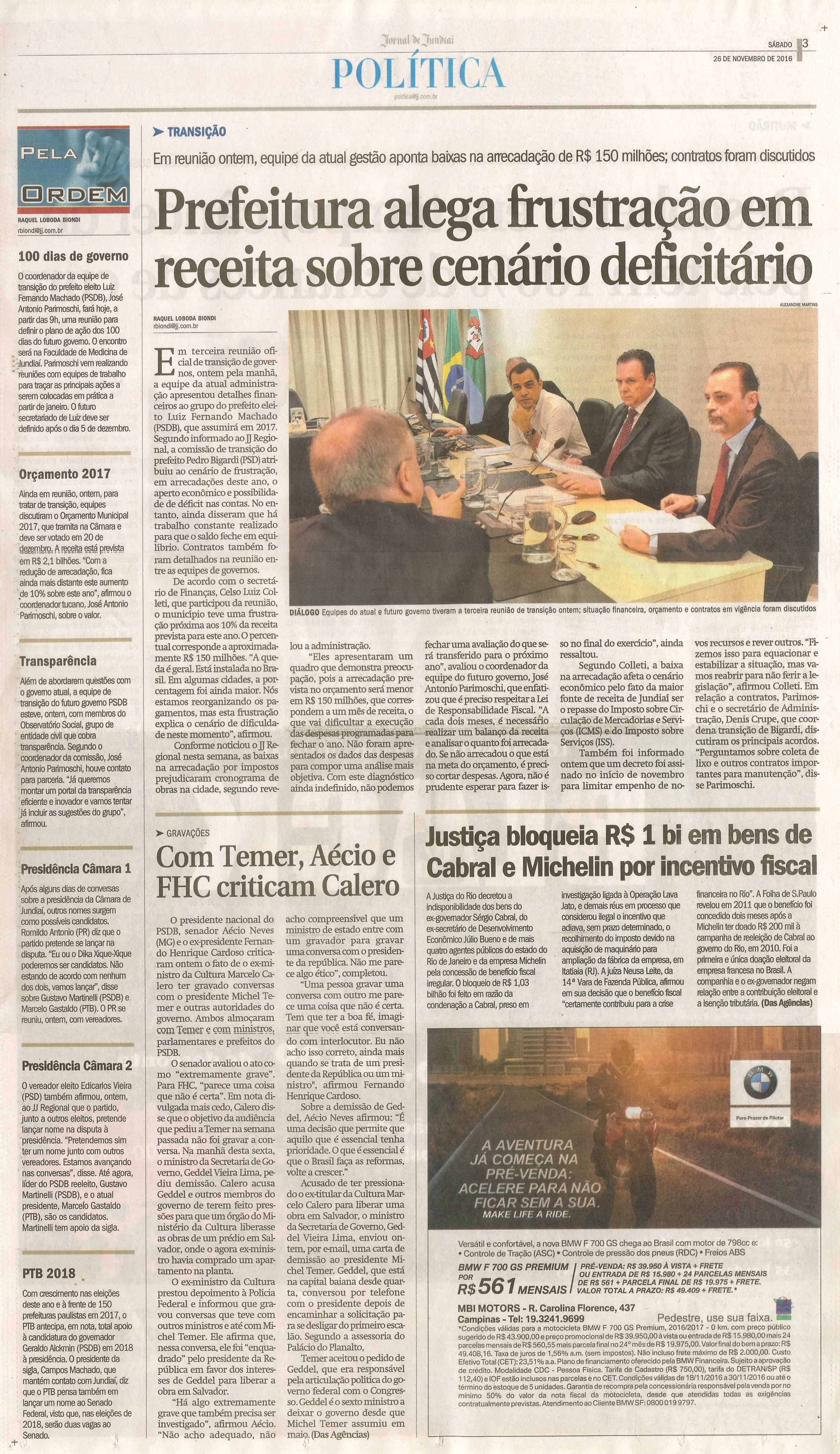 JJ - 26/11/16 - pg 3 - política - Prefeitura alega frustração em receita sobre cenário deficitário -