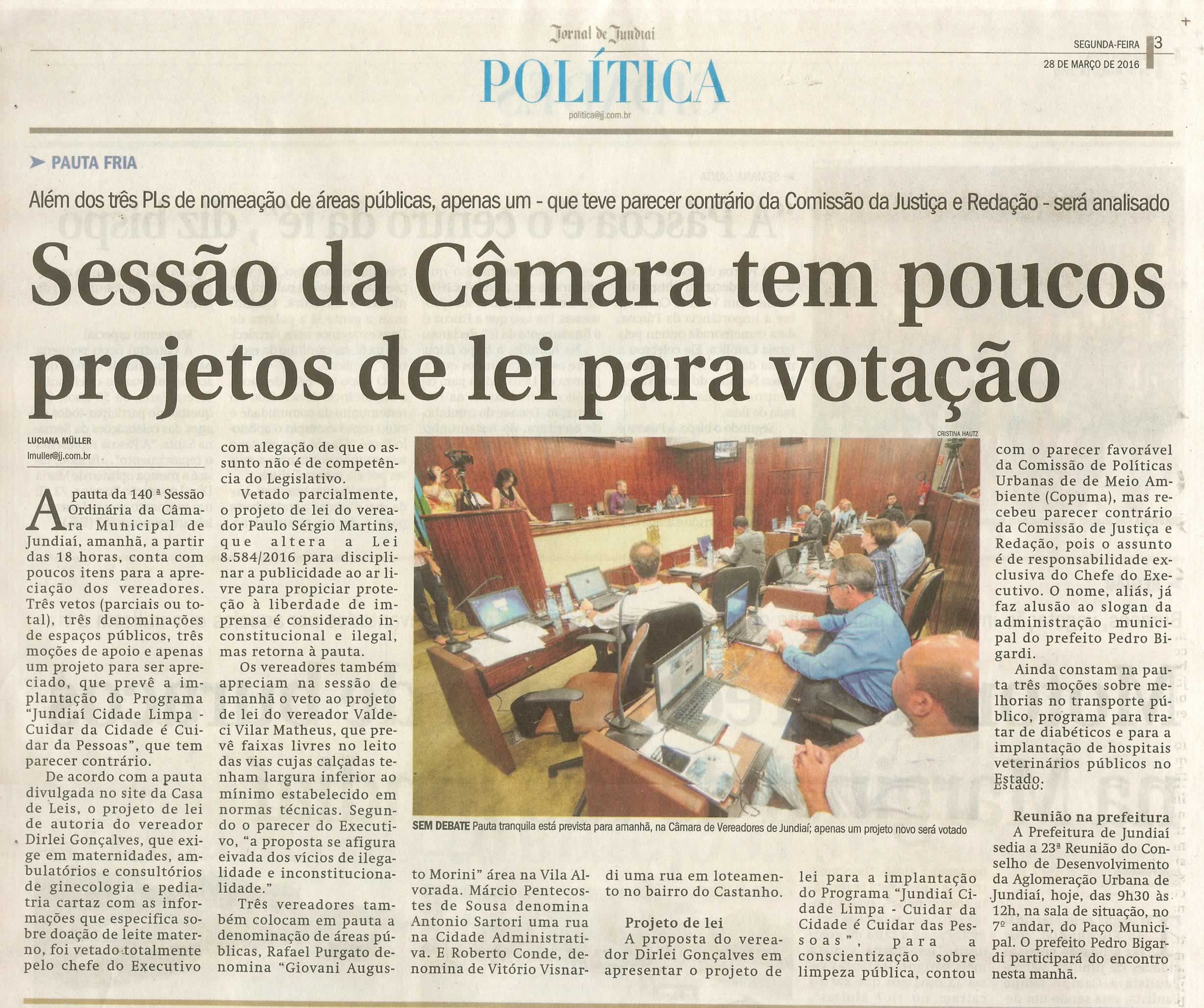 JJ - 28/03/16 - pg 3 - política - Sessão da Câmara tem poucos projetos de lei para votação - 