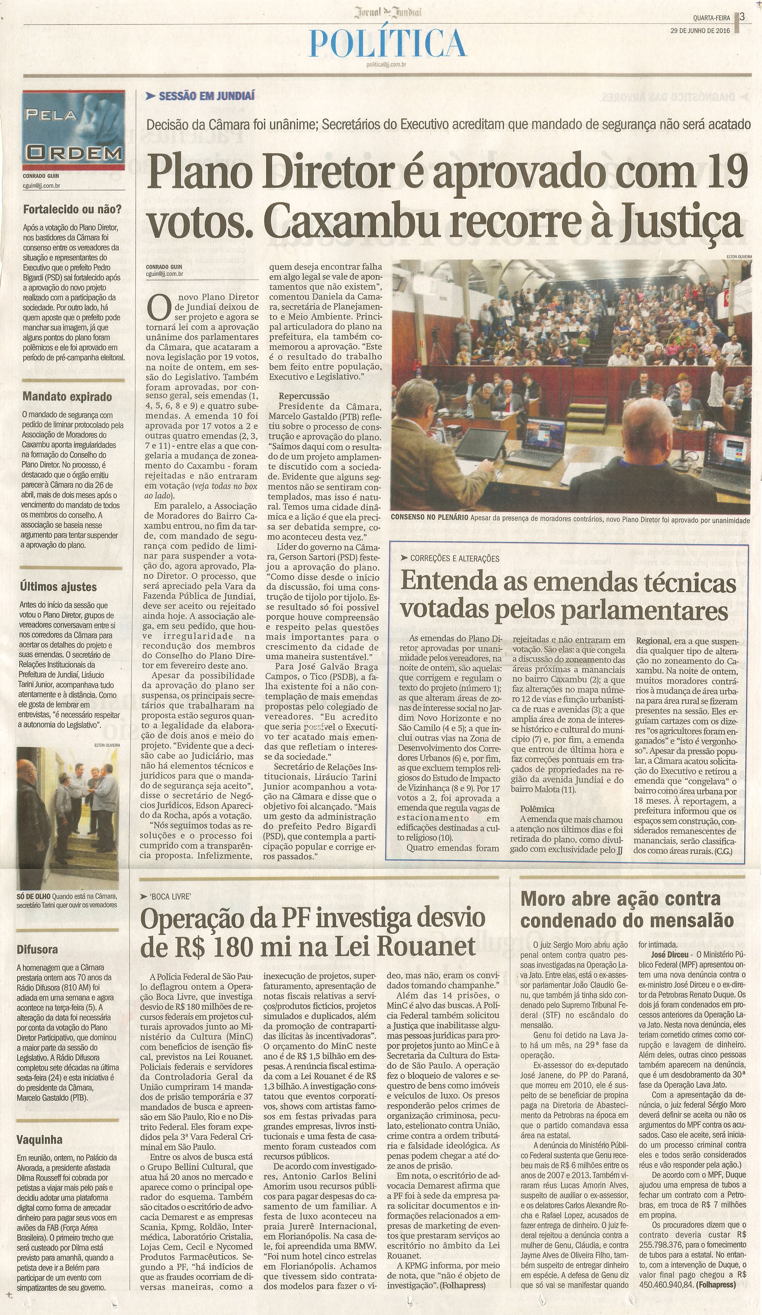 JJ - 29/06/16 - pg 3 - política - Plano Diretor é aprovado com 19 votos. Caxambu recorre à Justiça -  Entenda as emendas técnicas votadas pelos parlamentares -
