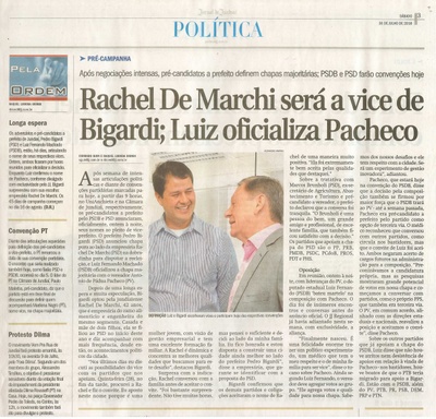 JJ - 30/07/16 - pg 3 - política - Rachel De Marchi será a vice de Bigardi; Luiz oficializa Pacheco