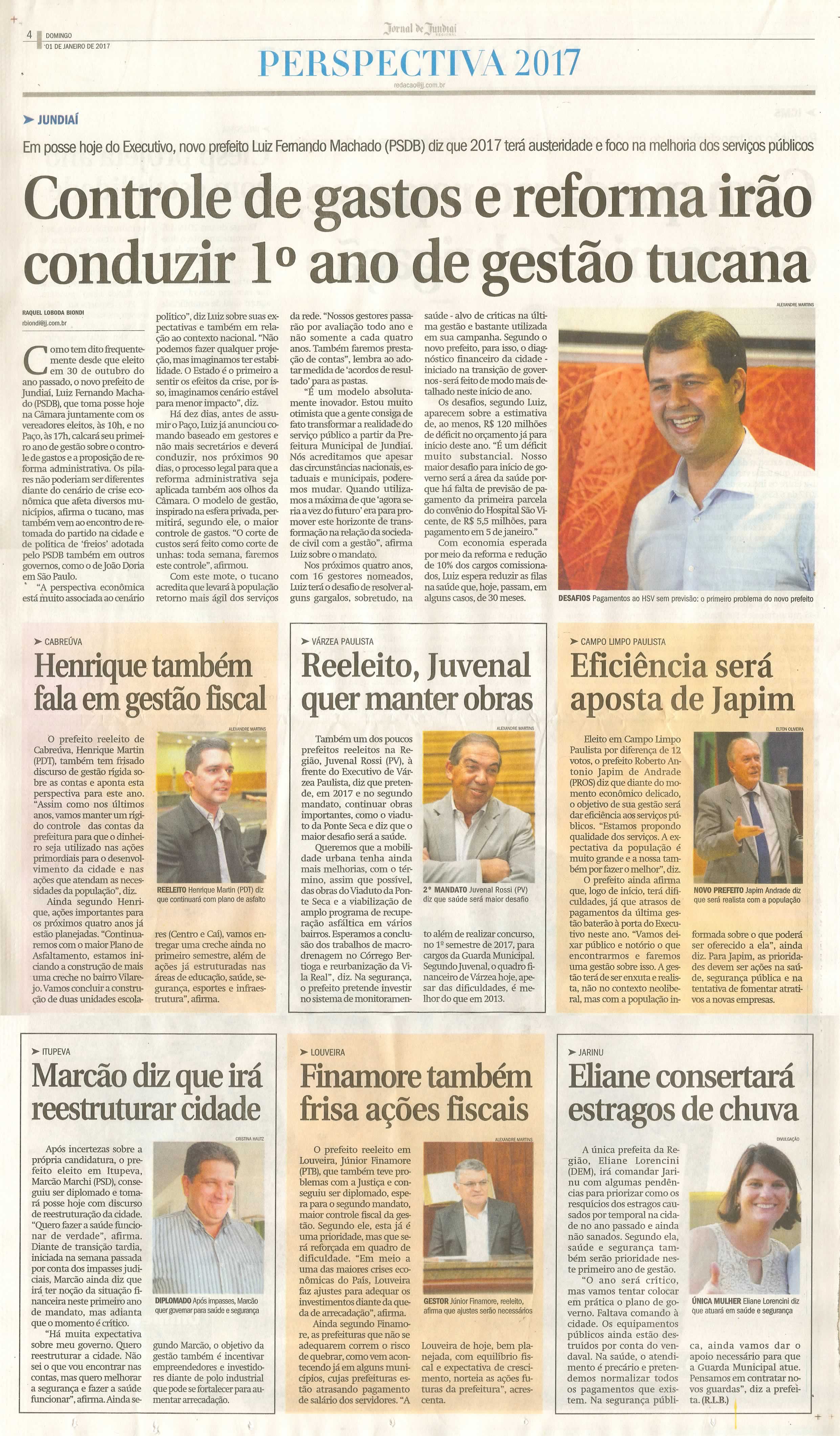 JJ - 01/01/17 - pg 3 - política - Controle de gastos e reforma irão conduzir 1º ano de gestão tucana -