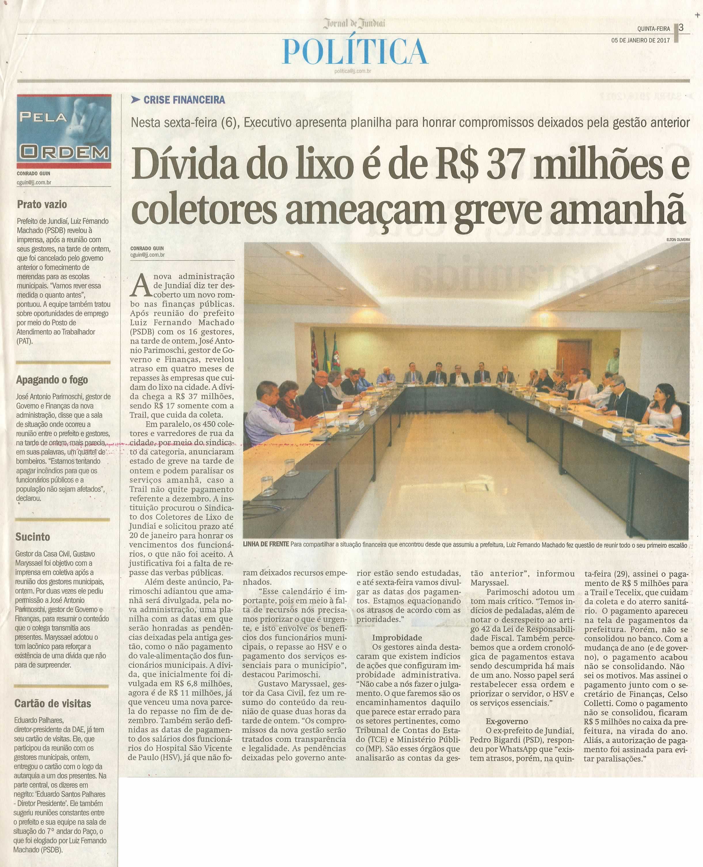 JJ - 05/01/17 - pg 3 - política - Dívida do lixo é de R$ 37 milhões e coletores ameaçam greve amanhã -