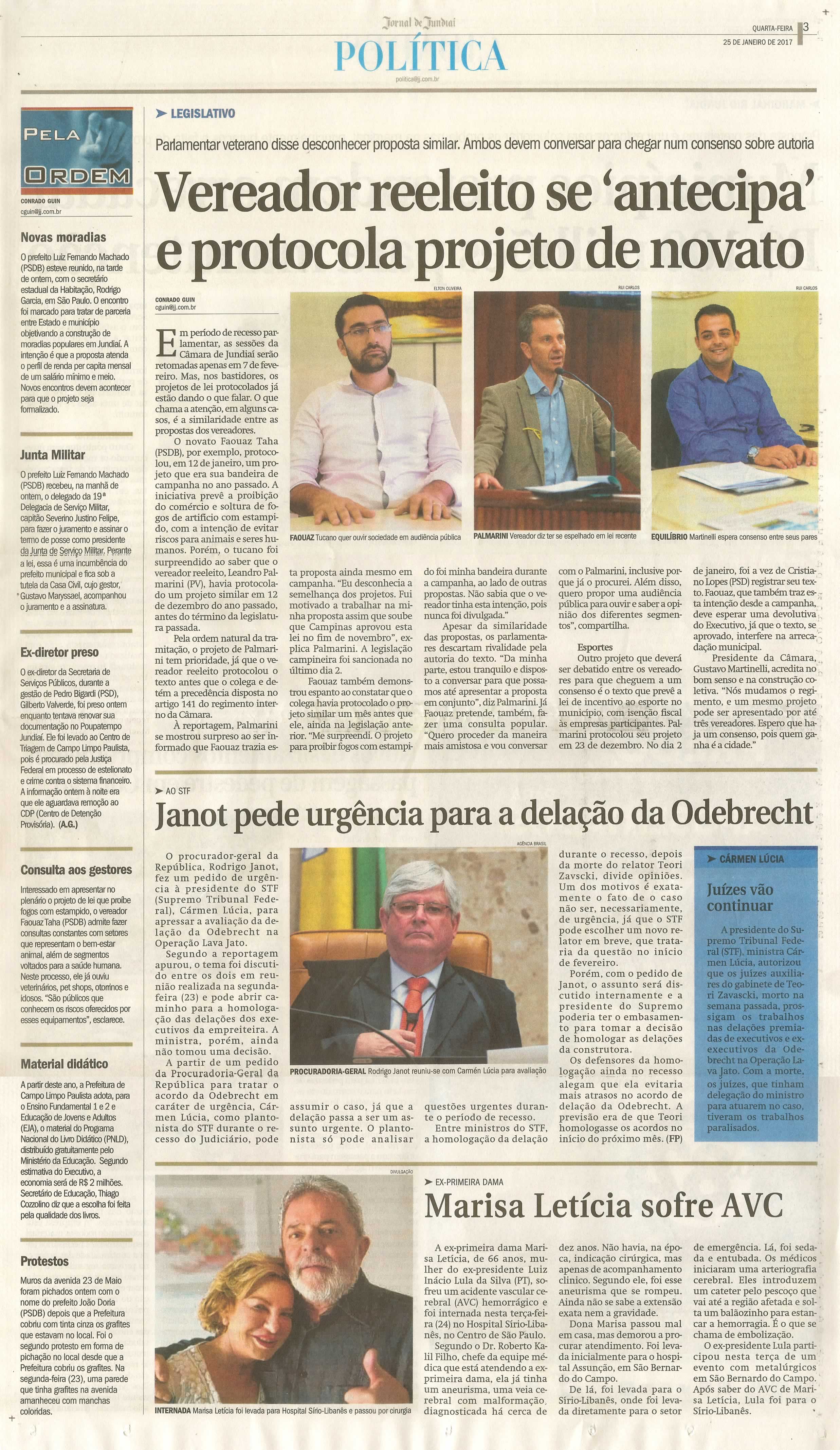 JJ - 25/01/17 - pg 3 - política - Vereador reeleito se 'antecipa' e protocola projeto de novato -