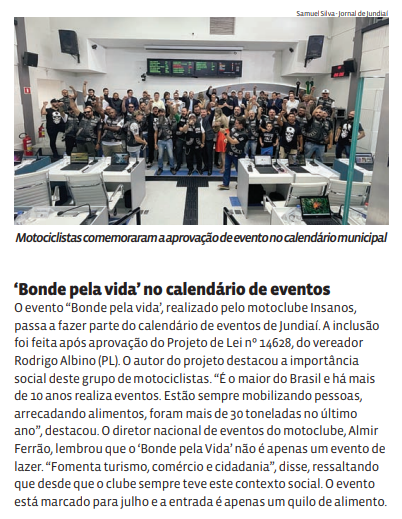 ‘Bonde pela vida’ no calendário de eventos