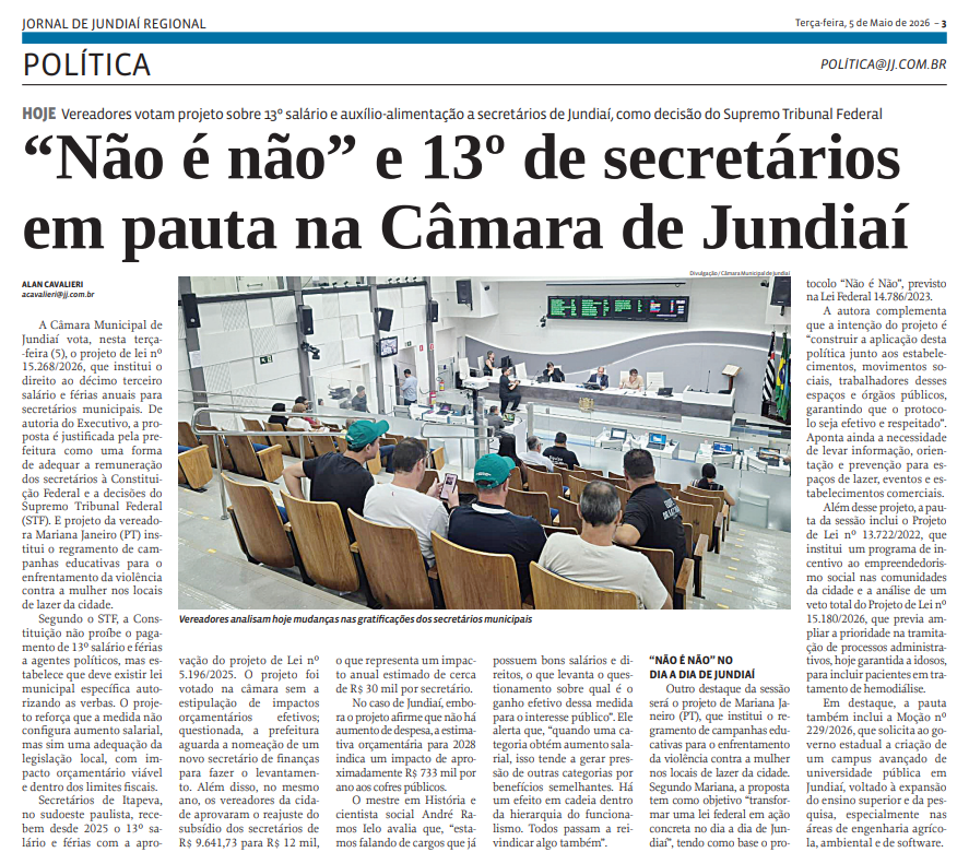 “Não é não” e 13º de secretários em pauta na Câmara de Jundiaí