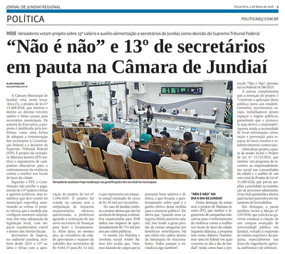 “Não é não” e 13º de secretários em pauta na Câmara de Jundiaí
