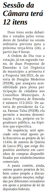 Sessão da Câmara terá 12 itens