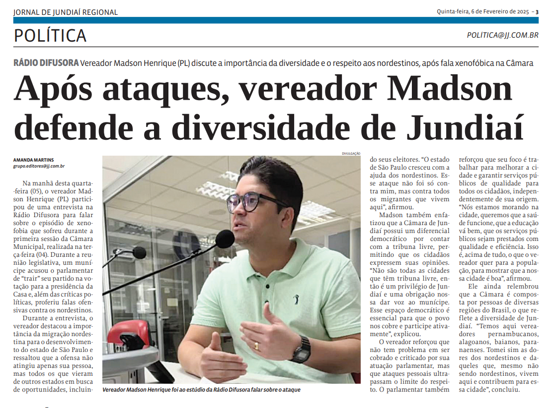 Após ataques, vereador Madson defende a diversidade de Jundiaí