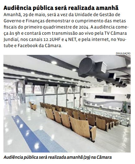 Audiência pública será realizada amanhã