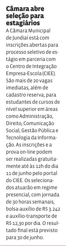 Câmara abre seleção para estagiários