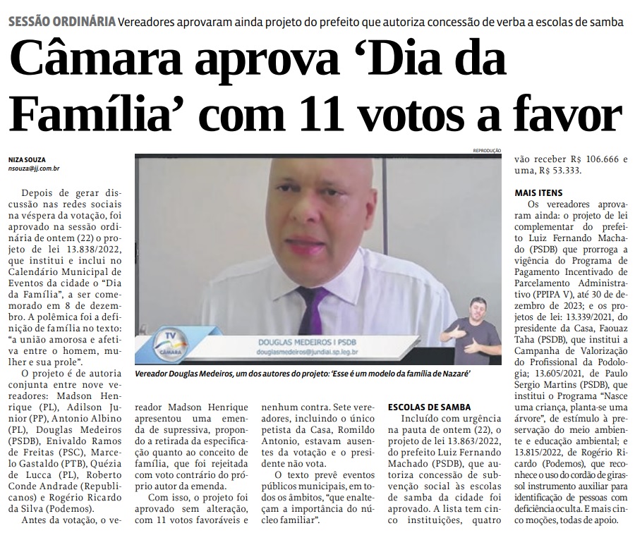 Câmara aprova ‘Dia da Família’ com 11 votos a favor