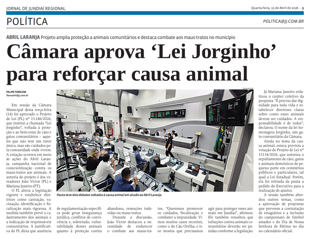 Câmara aprova ‘Lei Jorginho’ para reforçar causa animal