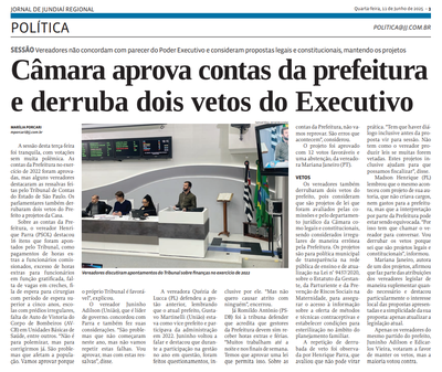 Câmara aprova contas da prefeitura e derruba dois vetos do Executivo
