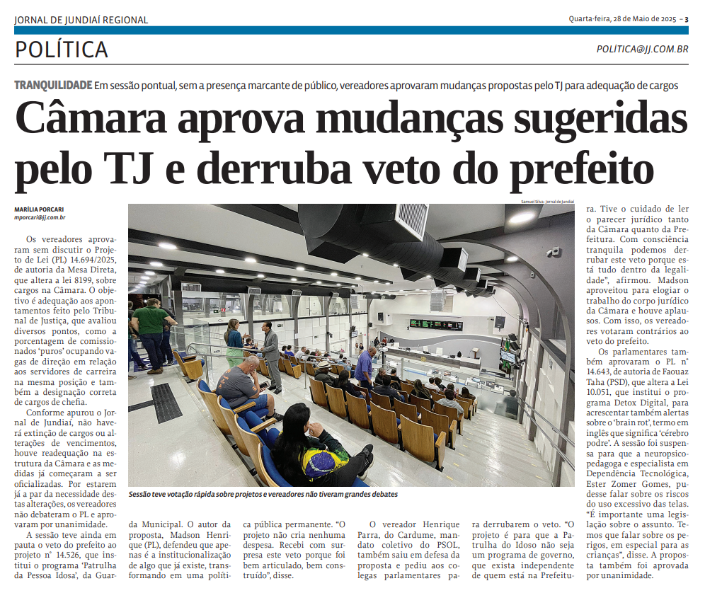Câmara aprova mudanças sugeridas pelo TJ e derruba veto do prefeito