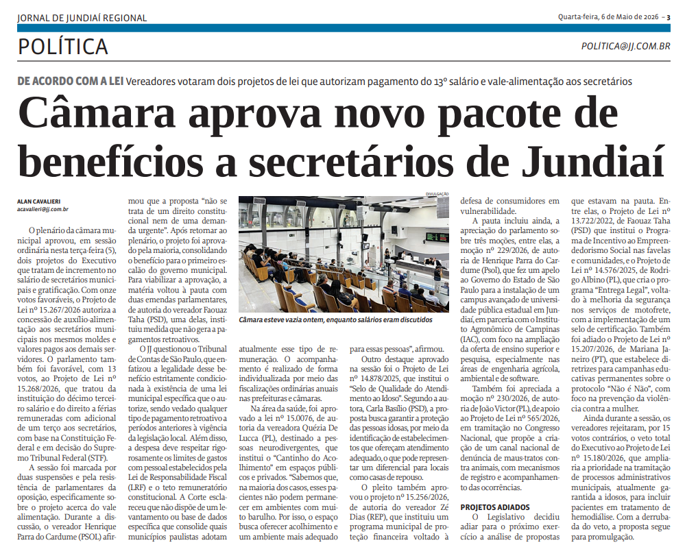 Câmara aprova novo pacote de benefícios a secretários de Jundiaí