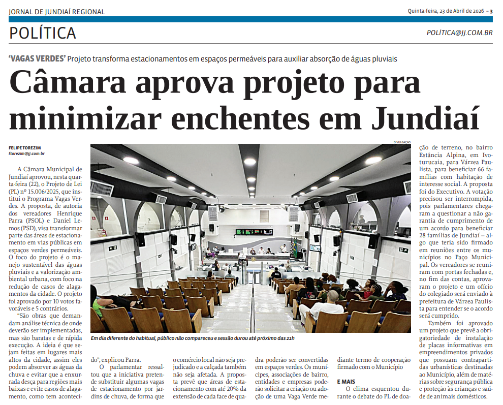 Câmara aprova projeto para minimizar enchentes em Jundiaí