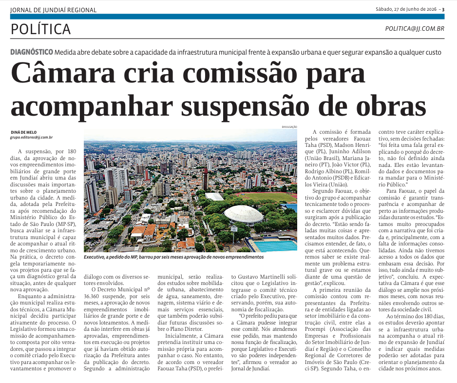 Câmara cria comissão para acompanhar suspensão de obras