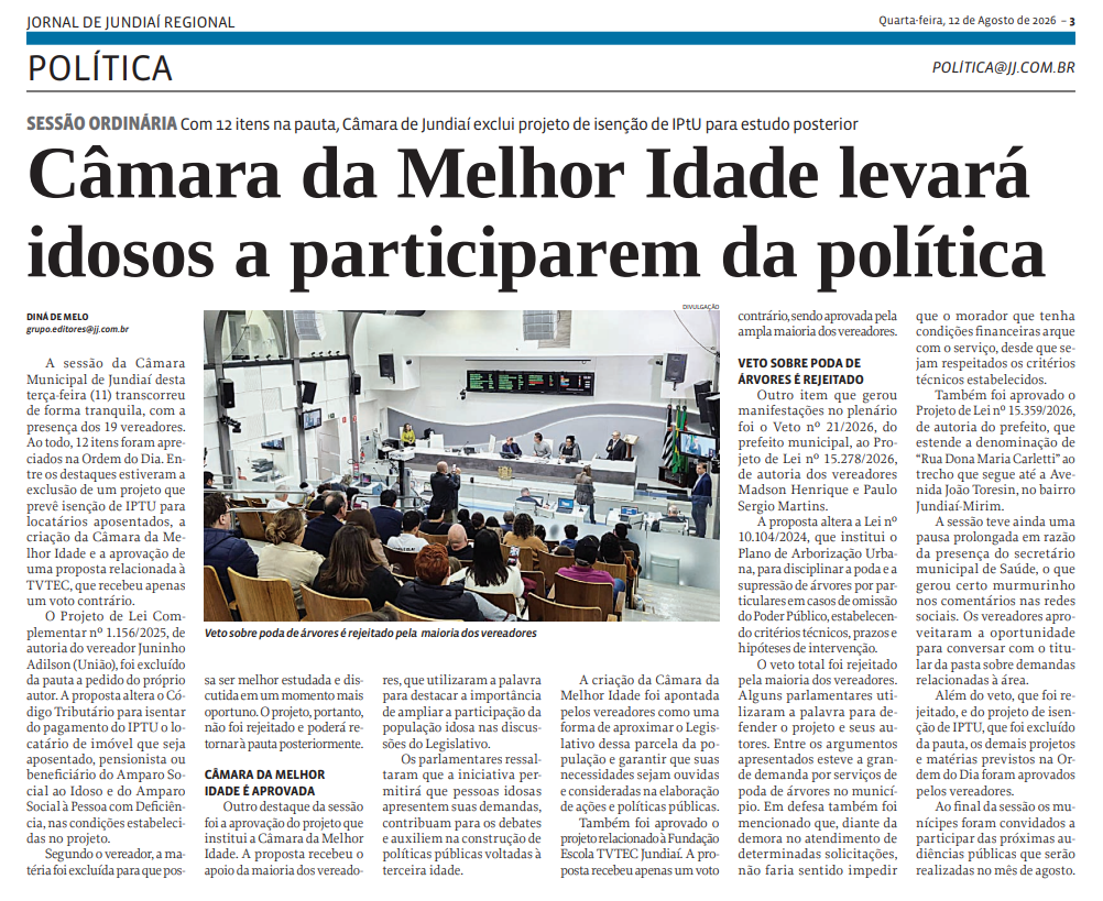 Câmara da Melhor Idade levará idosos a participarem da política