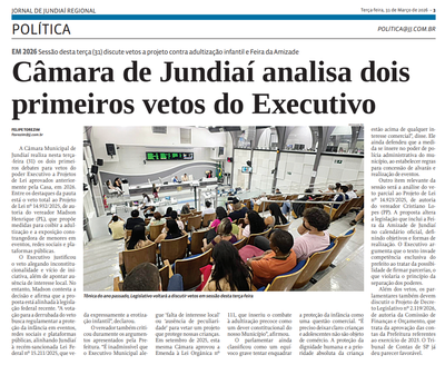Câmara de Jundiaí analisa dois primeiros vetos do Executivo