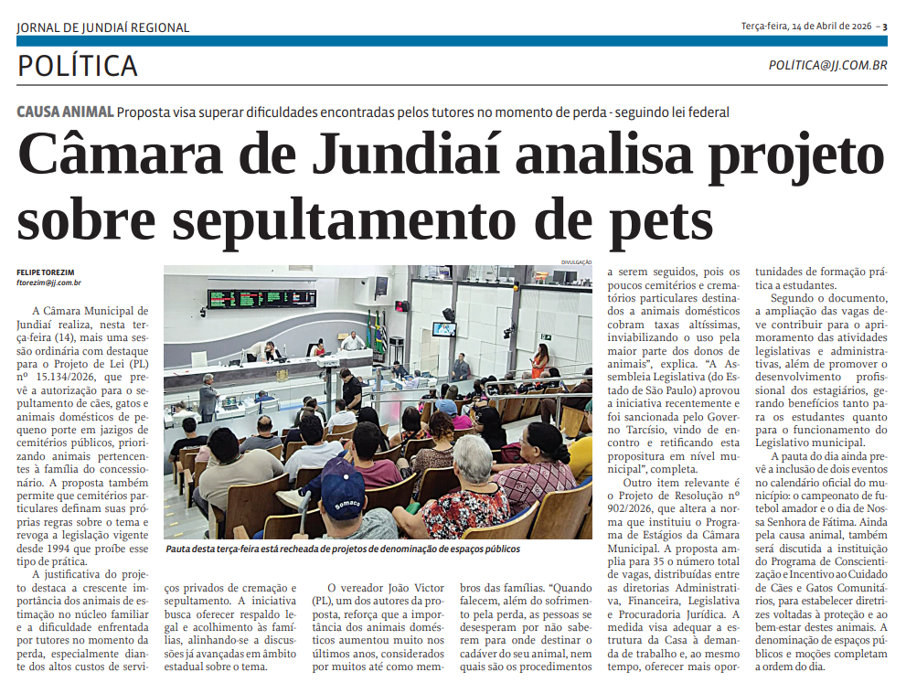 Câmara de Jundiaí analisa projeto sobre sepultamento de pets