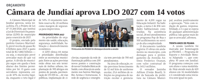 Câmara de Jundiaí aprova LDO 2027 com 14 votos