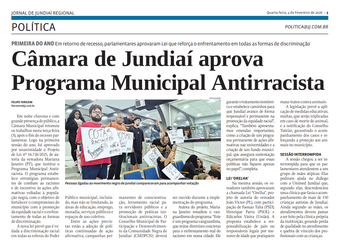 Câmara de Jundiaí aprova Programa Municipal Antirracista