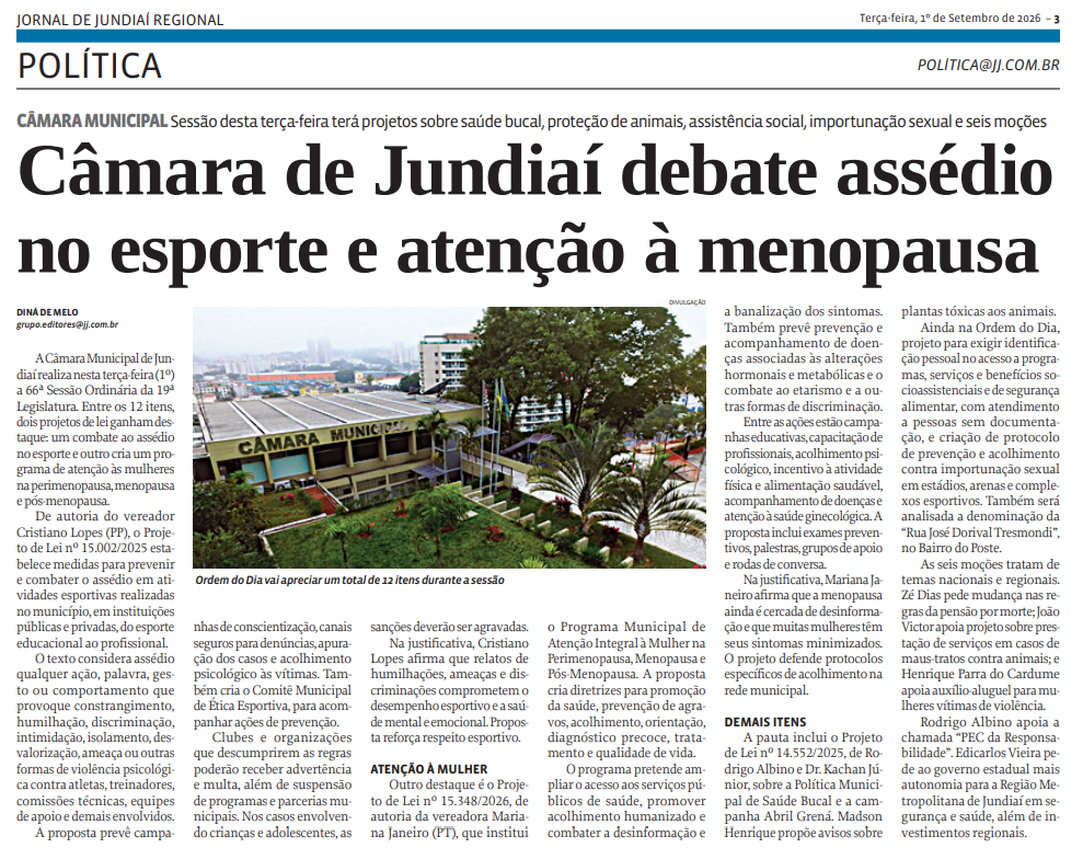 Câmara de Jundiaí debate assédio no esporte e atenção à menopausa