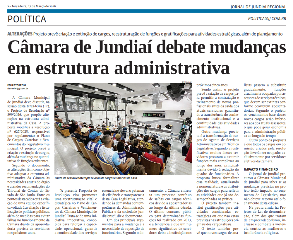 Câmara de Jundiaí debate mudanças em estrutura administrativa