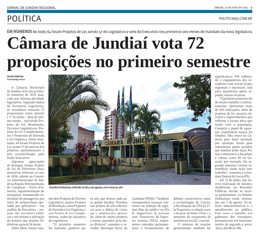 Câmara de Jundiaí vota 72 proposições no primeiro semestre