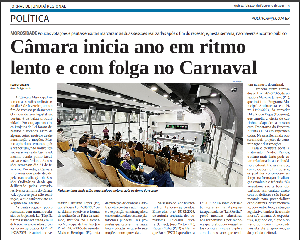 Câmara inicia ano em ritmo lento e com folga no Carnaval