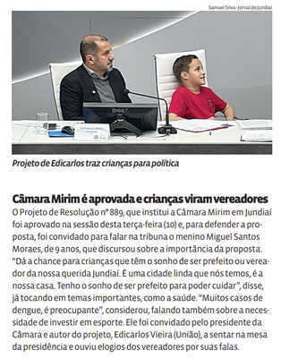 Câmara Mirim é aprovada e crianças viram vereadores