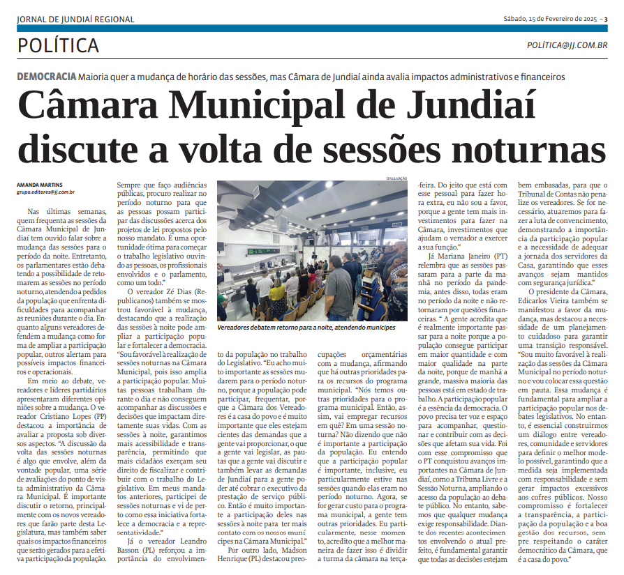 Câmara Municipal de Jundiaí discute a volta de sessões noturnas