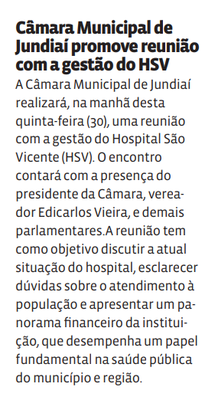 Câmara Municipal de Jundiaí promove reunião com a gestão do HSV