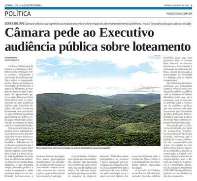 Câmara pede ao Executivo audiência pública sobre loteamento