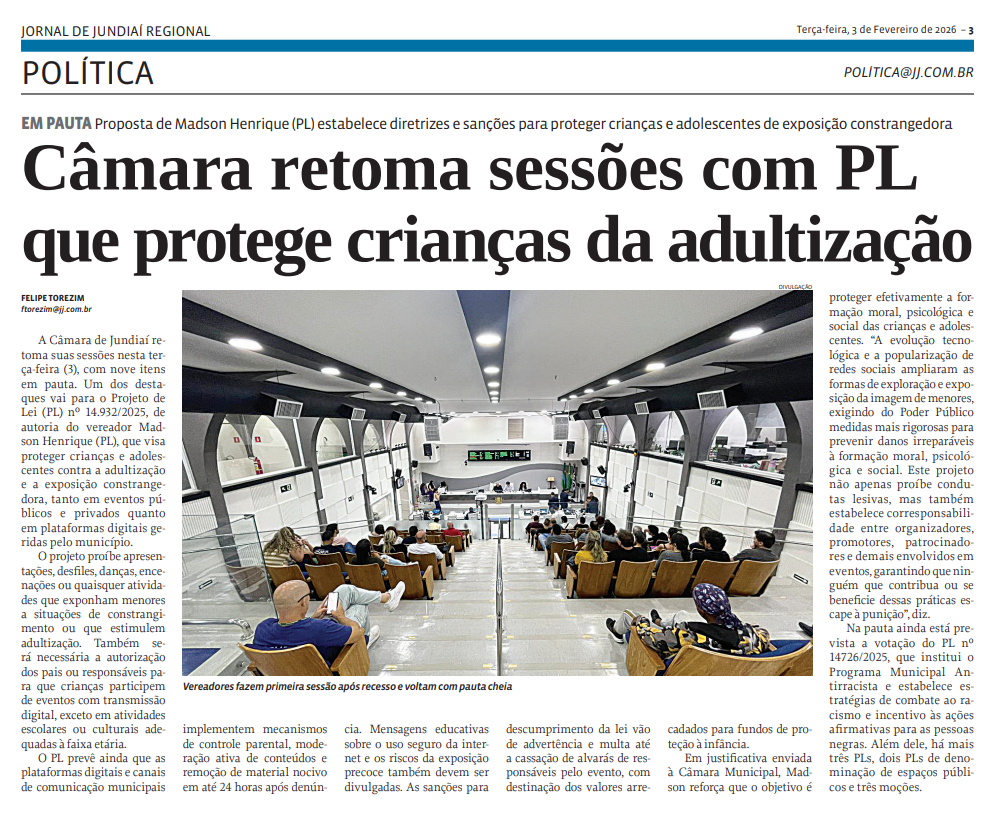 Câmara retoma sessões com PL que protege crianças da adultização