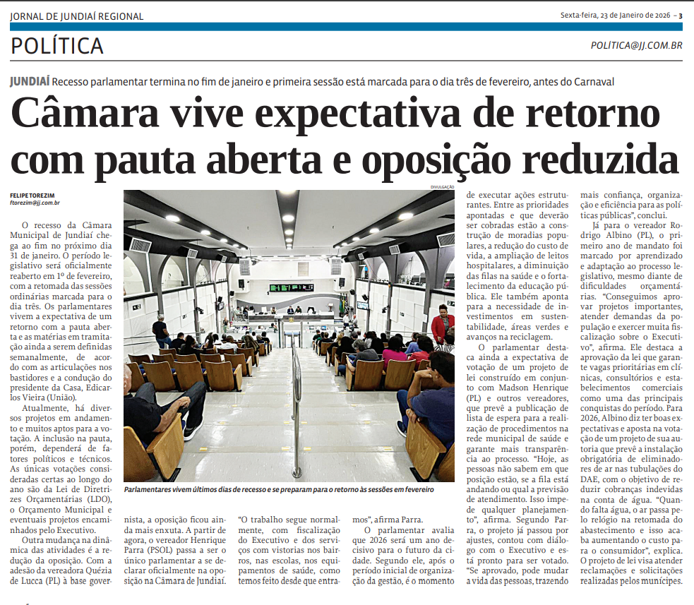 Câmara vive expectativa de retorno com pauta aberta e oposição reduzida