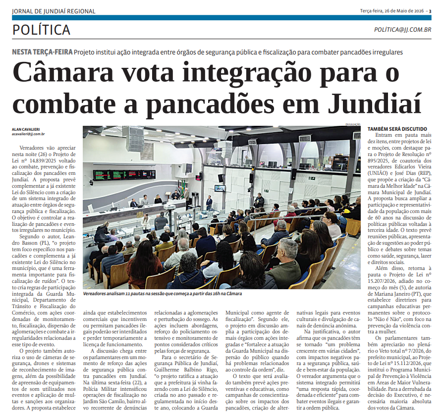 Câmara vota integração para o combate a pancadões em Jundiaí