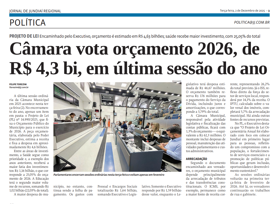 Câmara vota orçamento 2026, de R$ 4,3 bi, em última sessão do ano