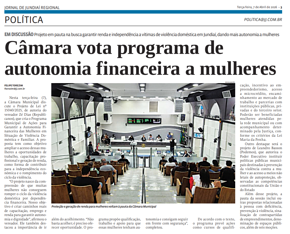 Câmara vota programa de autonomia financeira a mulheres